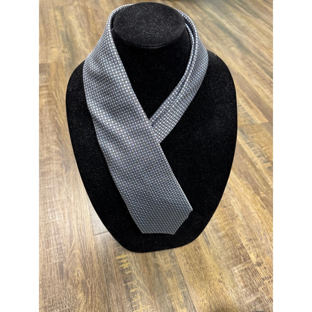 Ermenegildo Zegna Mens Silk Tie Blue Brown Geometric Micro Check Made in Italy